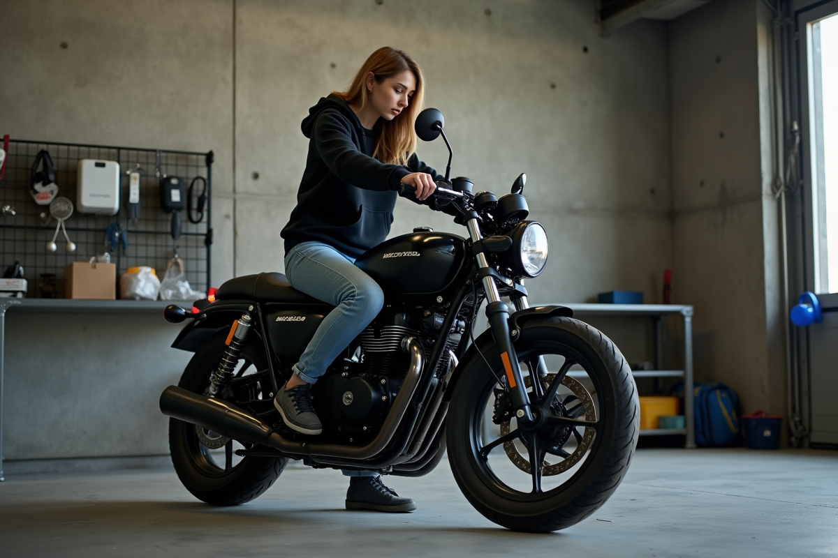 Jeune femme vérifiant la moto dans un garage