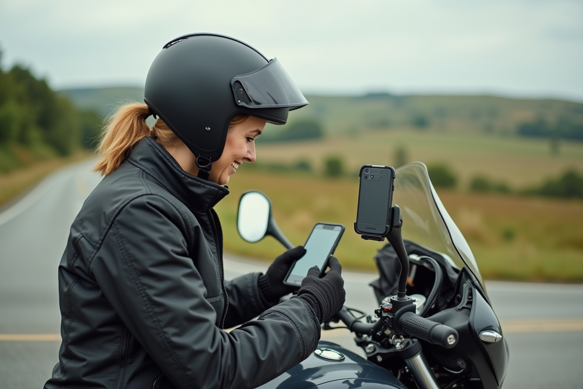 Femme vérifiant son smartphone sur une moto en campagne
