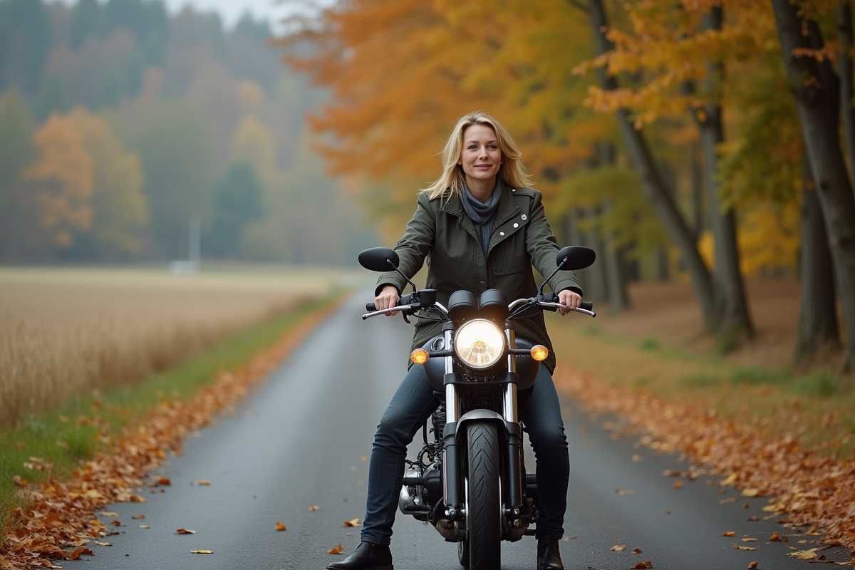 Femme souriante sur une moto 125cc en campagne automnale