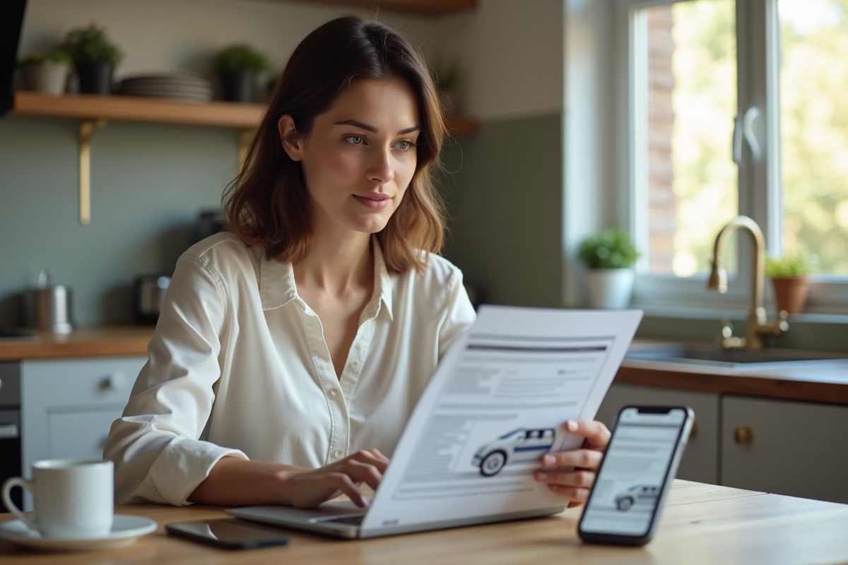 Jeune femme vérifiant documents de véhicule à la maison