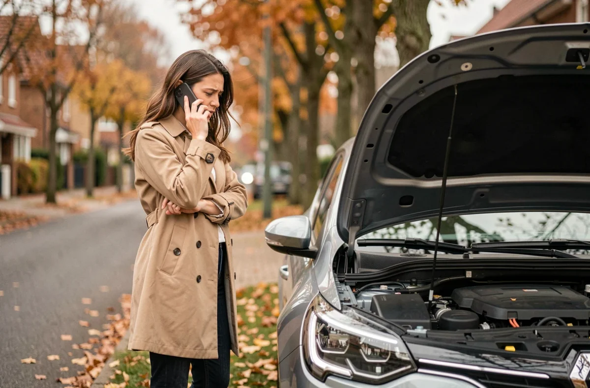 Femme inquiète au bord de la route avec sa Renault Megane en panne, capot ouvert