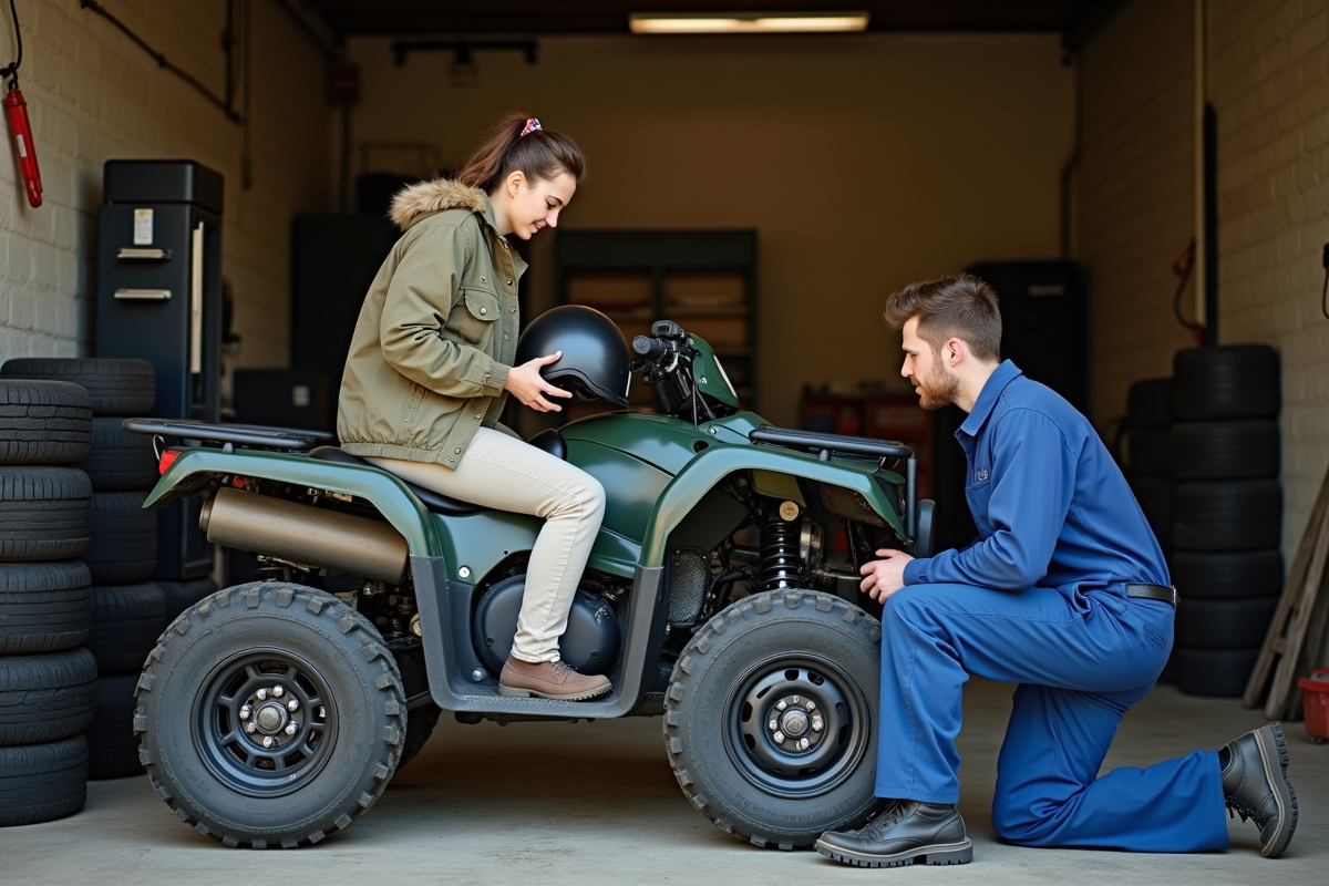 Jeune femme inspectant son quad dans un garage rural