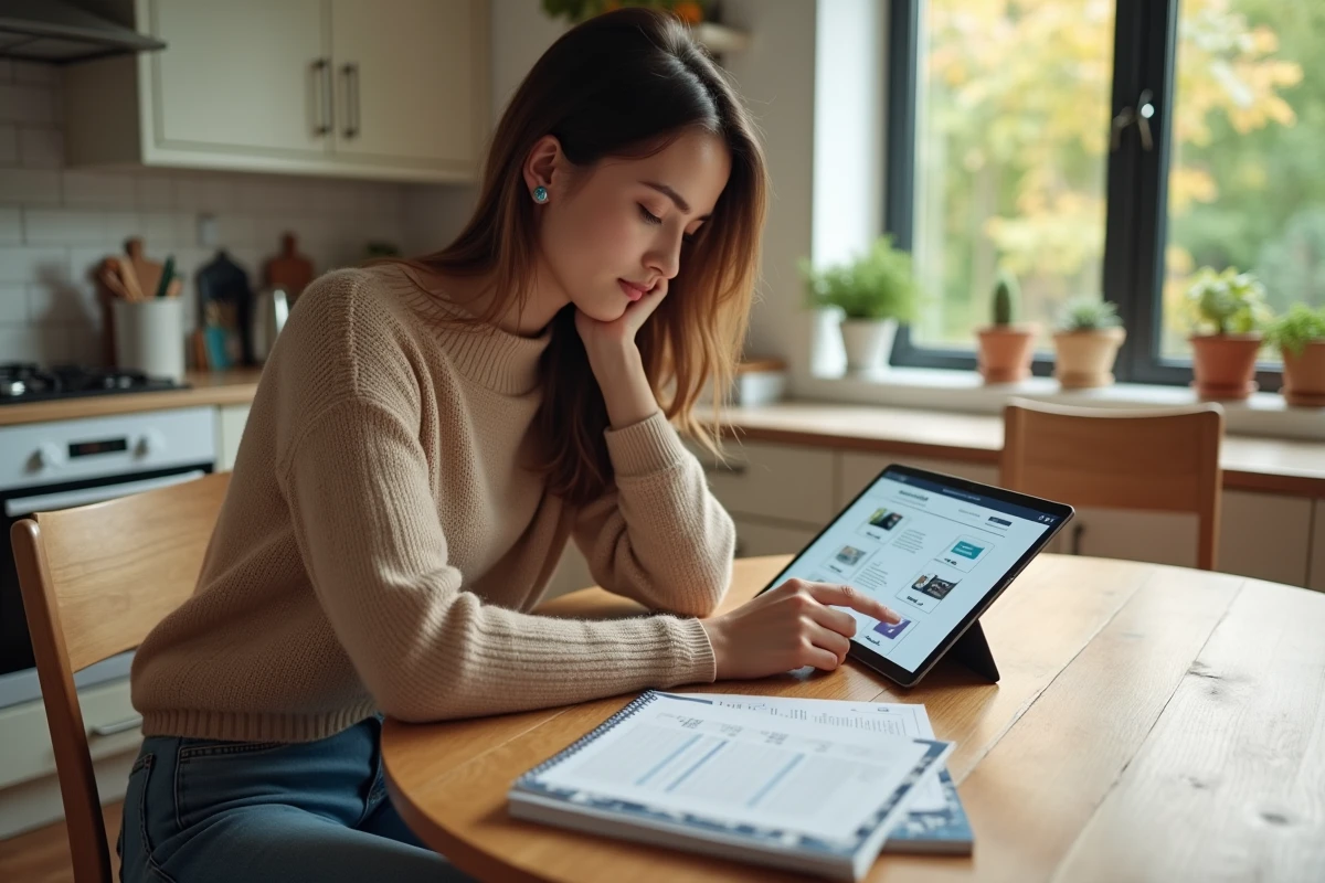 Jeune femme à la maison recherchant un logo sur tablette