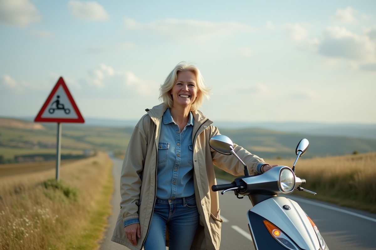 Femme relaxee avec scooter dans la campagne francaise