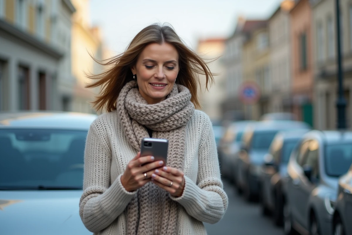 Femme dehors utilisant une app auto sur son smartphone