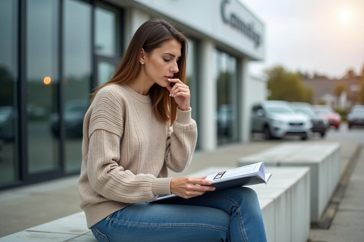 Jeune femme examine un brochure automobile devant un concessionnaire