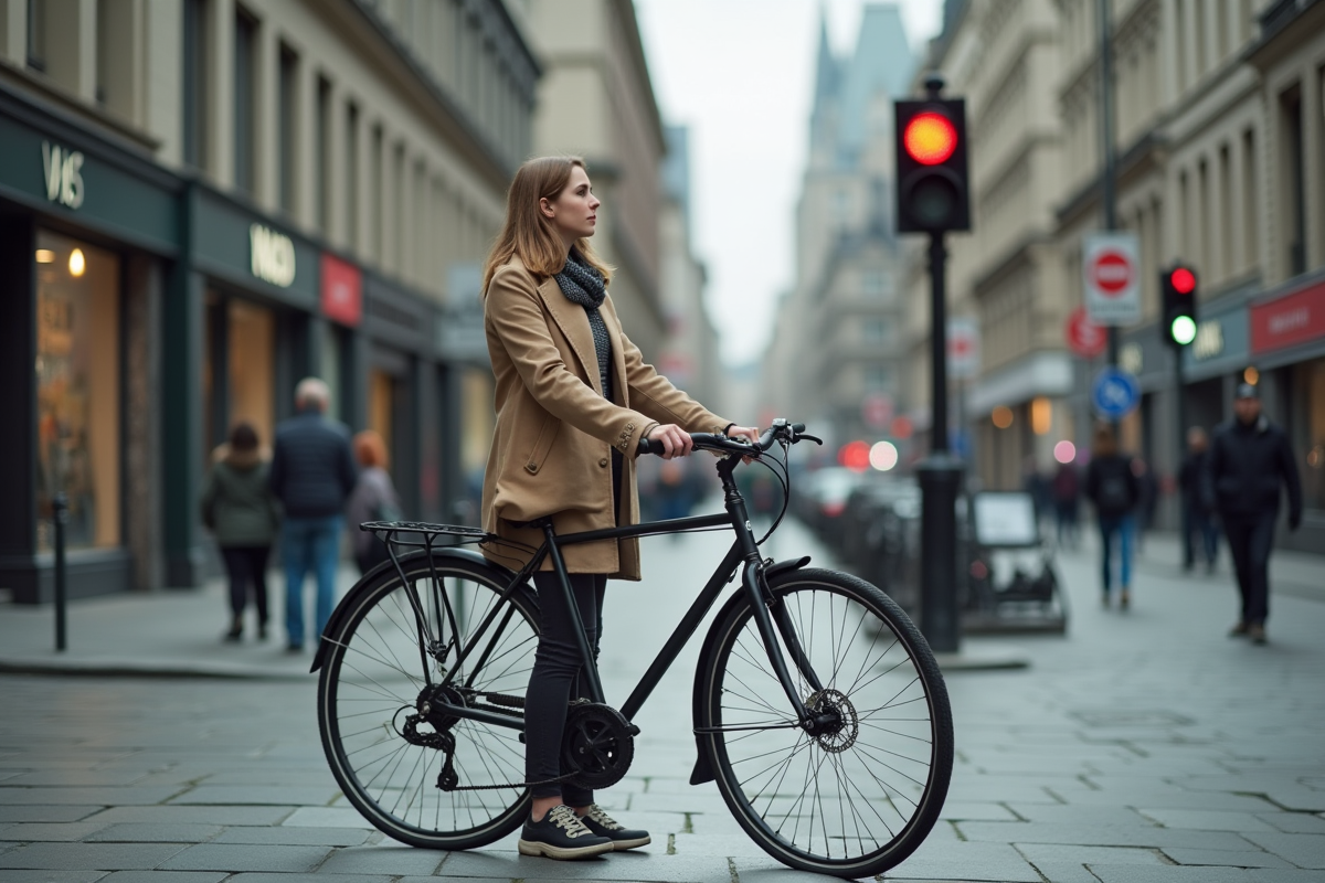 Jeune femme avec vélo attendant au coin de la rue