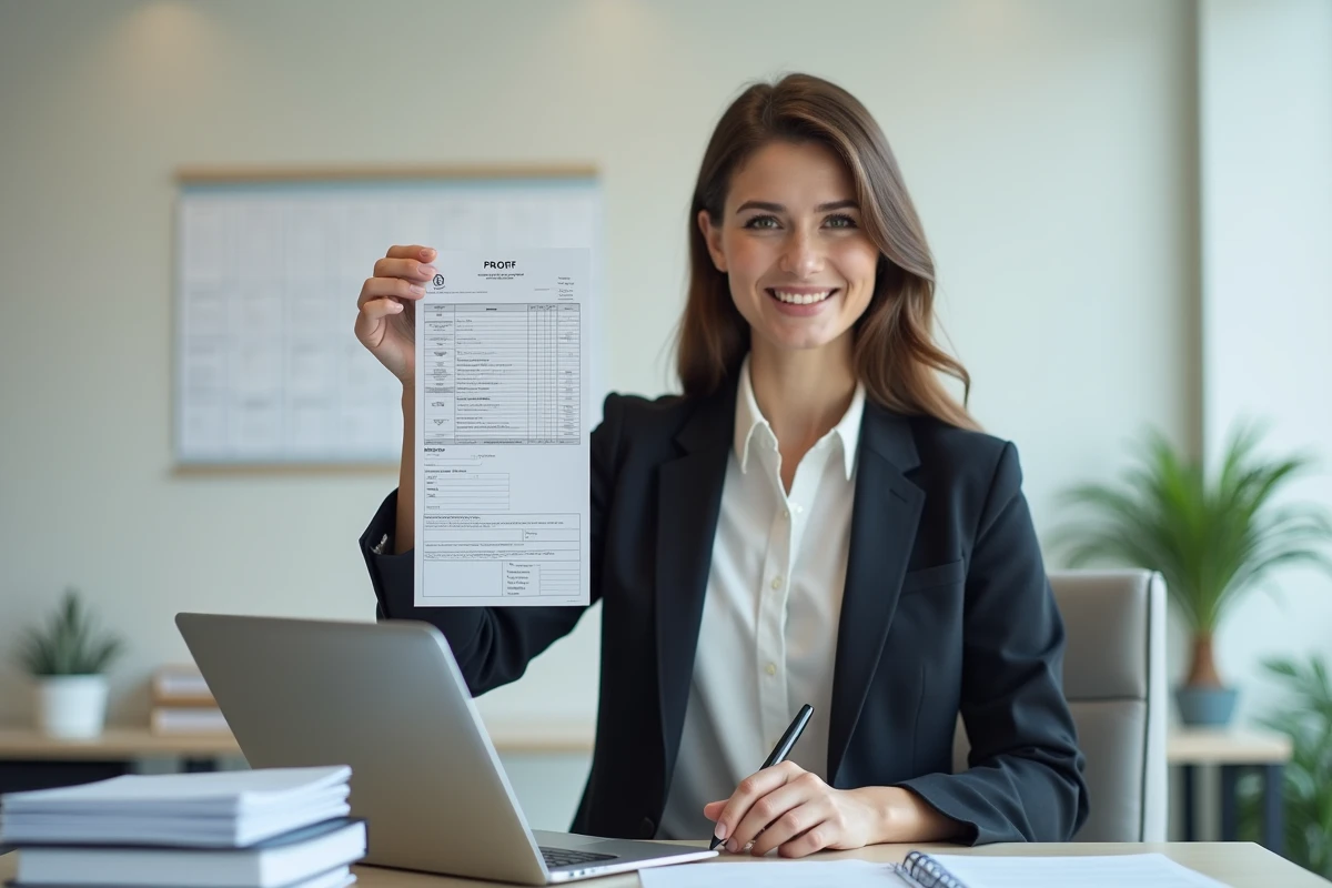 Jeune femme tenant une preuve de vente de voiture dans un bureau