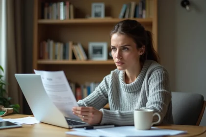 Femme examinant un document de carte grise sur son ordinateur portable à domicile, l'air sceptique et attentif