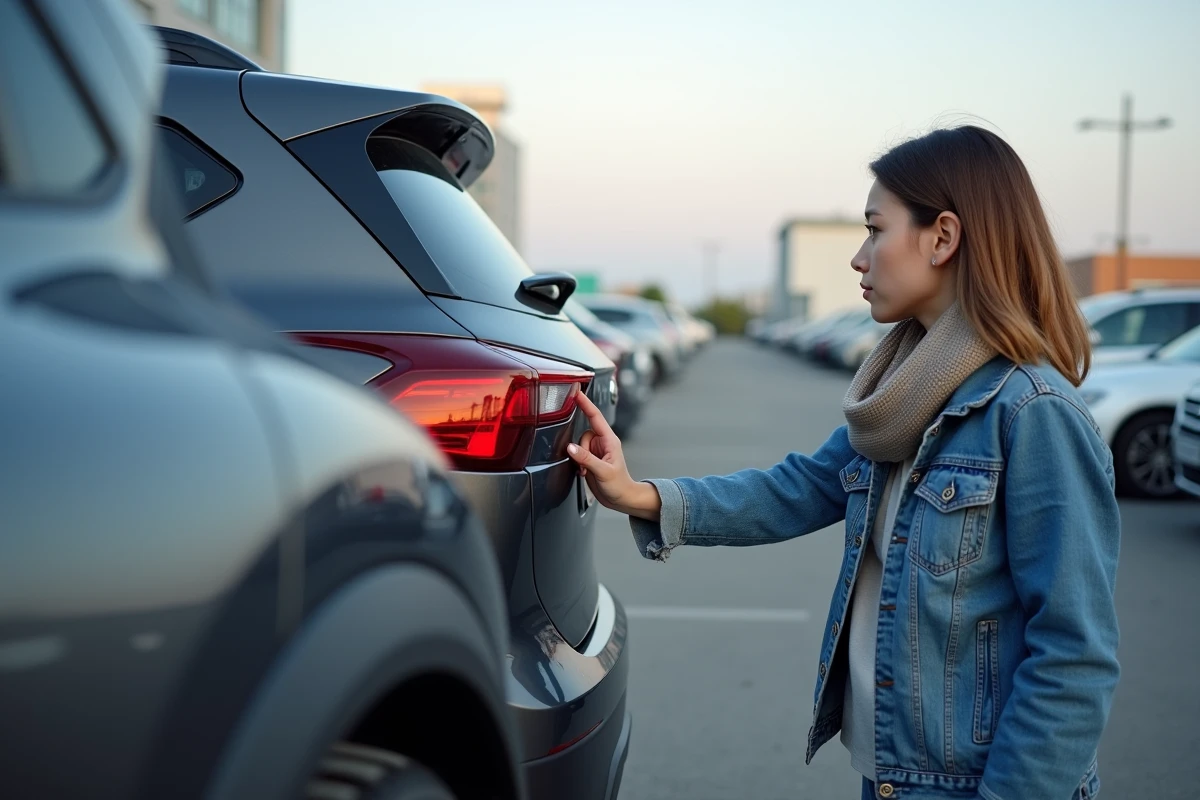 Femme regarde l’emblème d’un SUV en extérieur