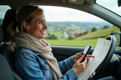 Femme souriante en voiture en campagne française
