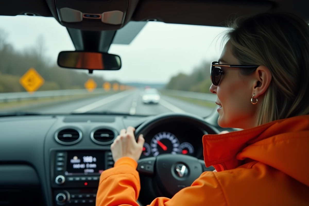 Femme regardant le compteur de vitesse dans une voiture