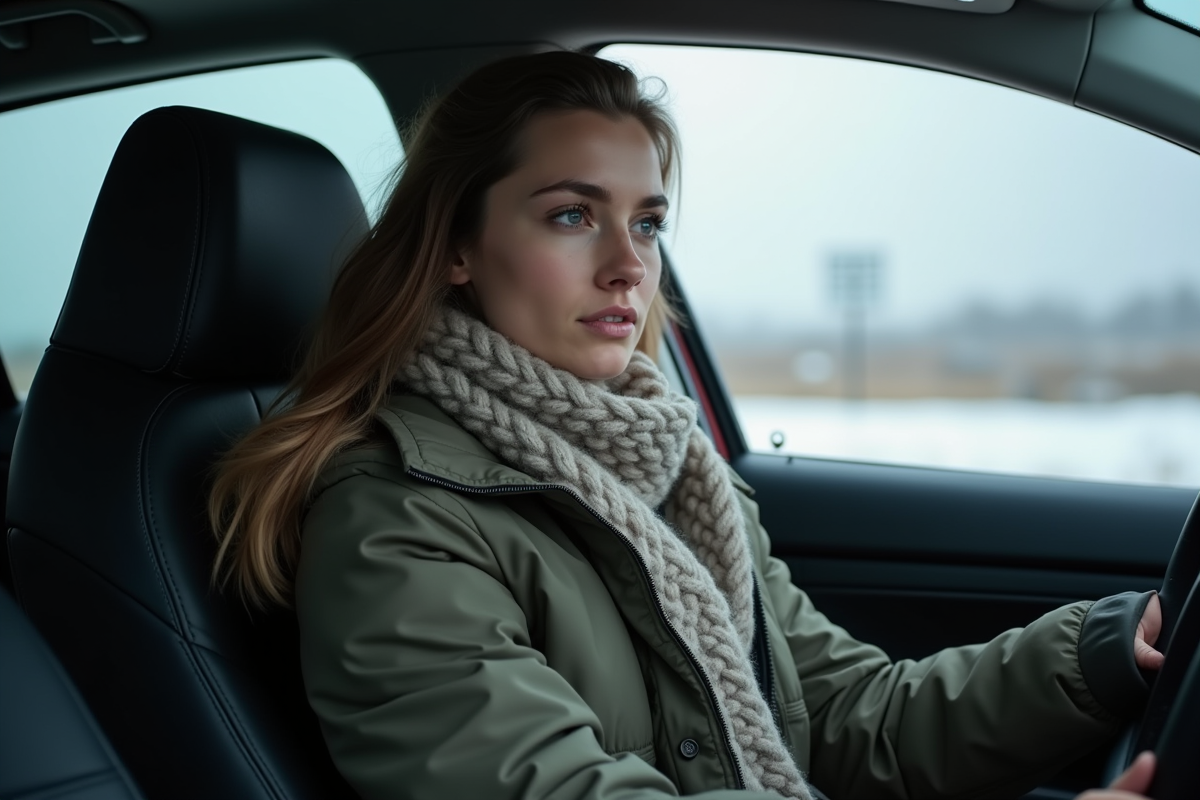 Jeune femme dans voiture en douane en Norvege