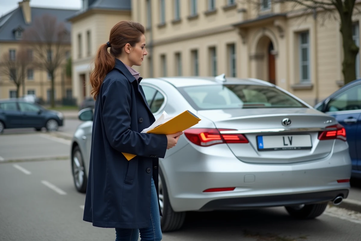 Femme tenant des papiers administratifs devant une voiture immatriculée en Lettonie garée en France, plaque LV visible