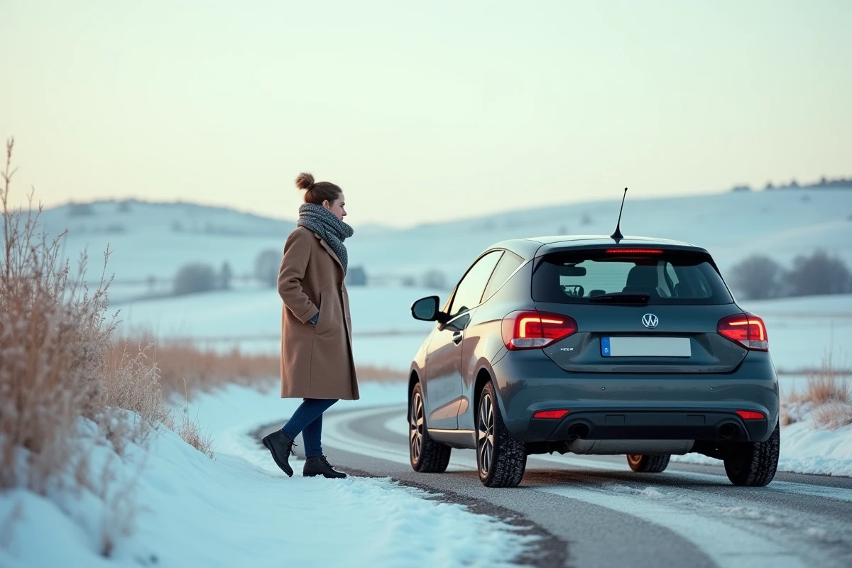 Femme marchant près de sa voiture sur route glacée en hiver