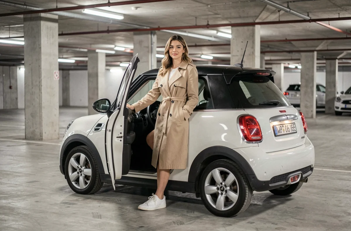 Jeune femme sortant d'une voiture sans permis au style Mini Cooper dans un parking urbain moderne