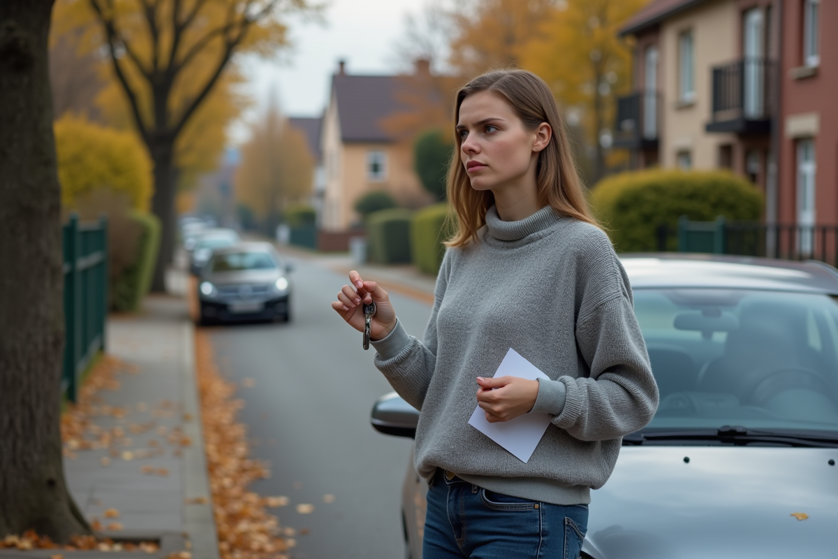 Jeune femme avec lettre et clés près de sa voiture
