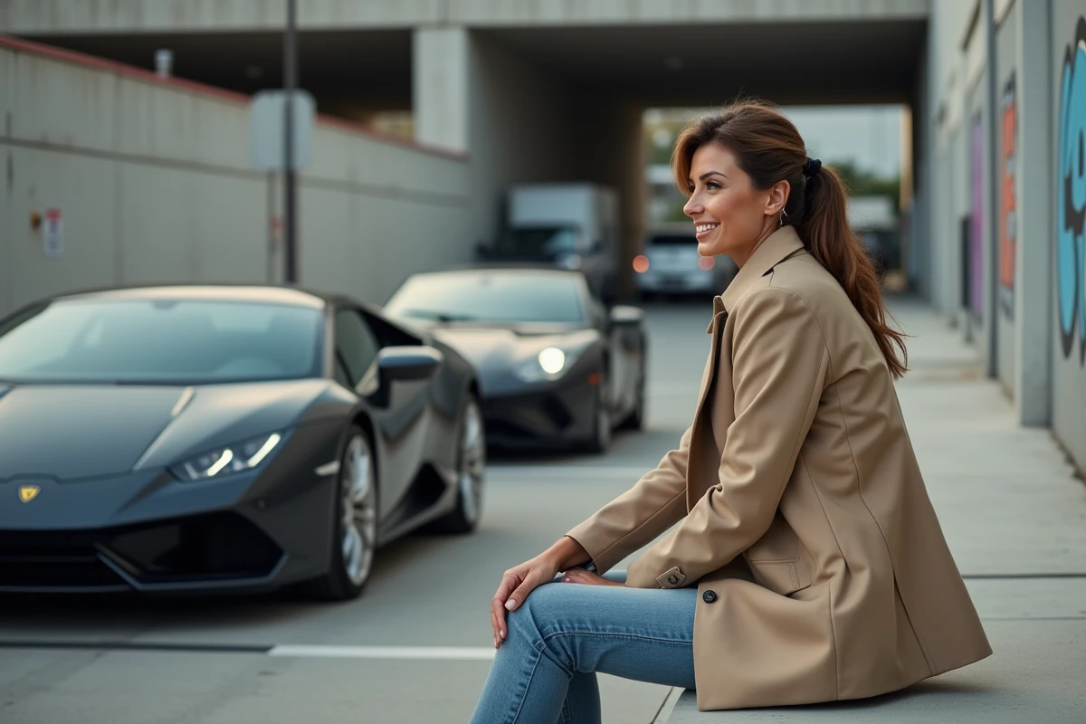 Femme en trench regardant deux voitures en ville