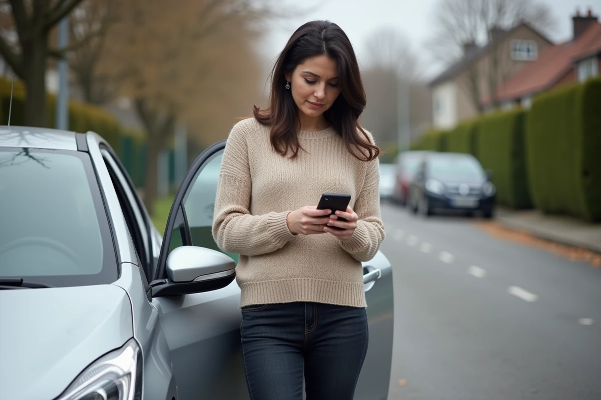 Femme inquiète consultant son téléphone à côté de sa Peugeot après l'apparition d'un voyant orange