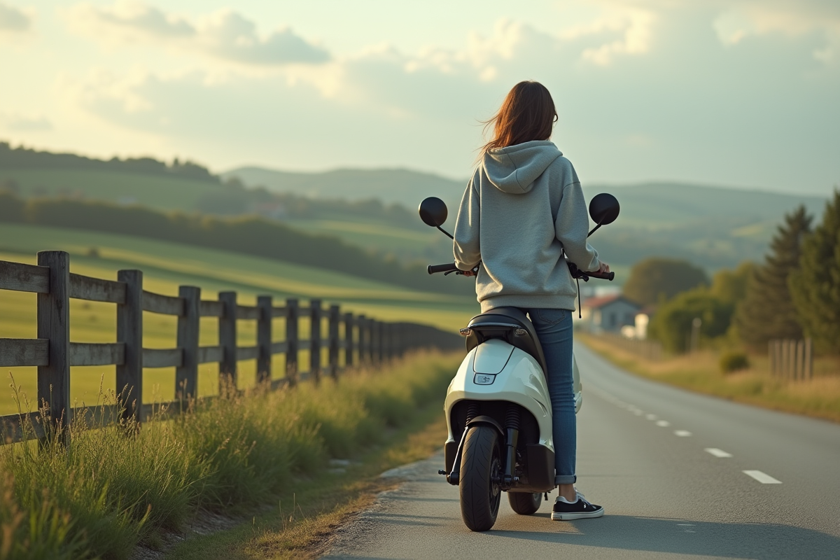 Fille avec scooter dans un paysage rural paisible