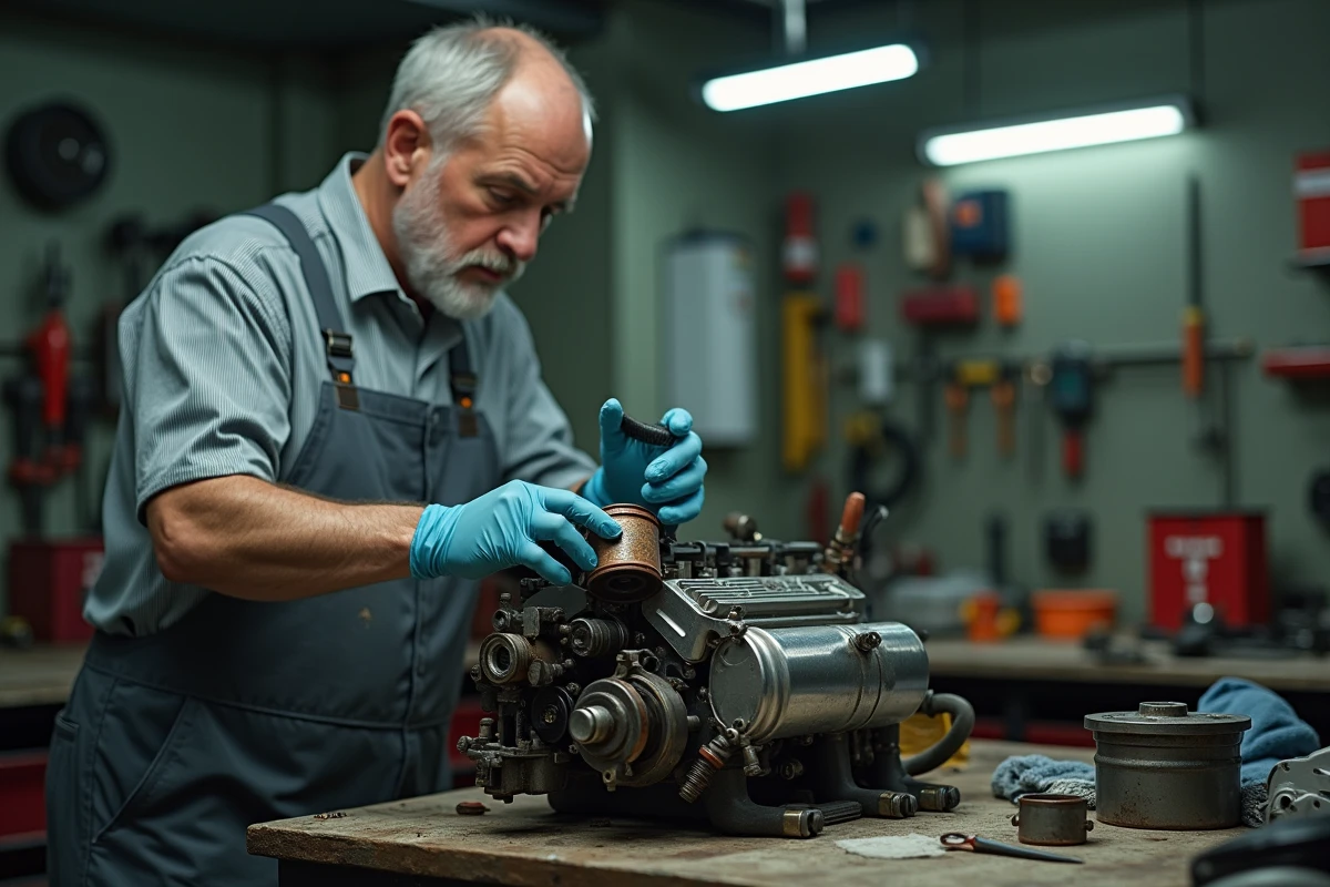 Mécanicien tenant un filtre à carburant encrassé lors du diagnostic d'une panne P0087 sur moteur Peugeot