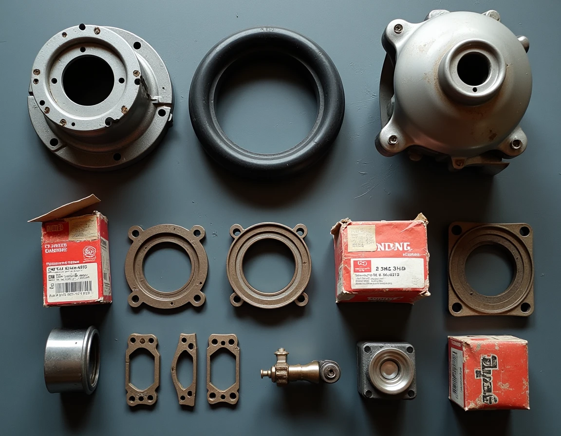 Vue aérienne de pièces détachées Honda CB 900 Boldor organisées sur un établi métallique incluant stator, joints et optique de phare chromée