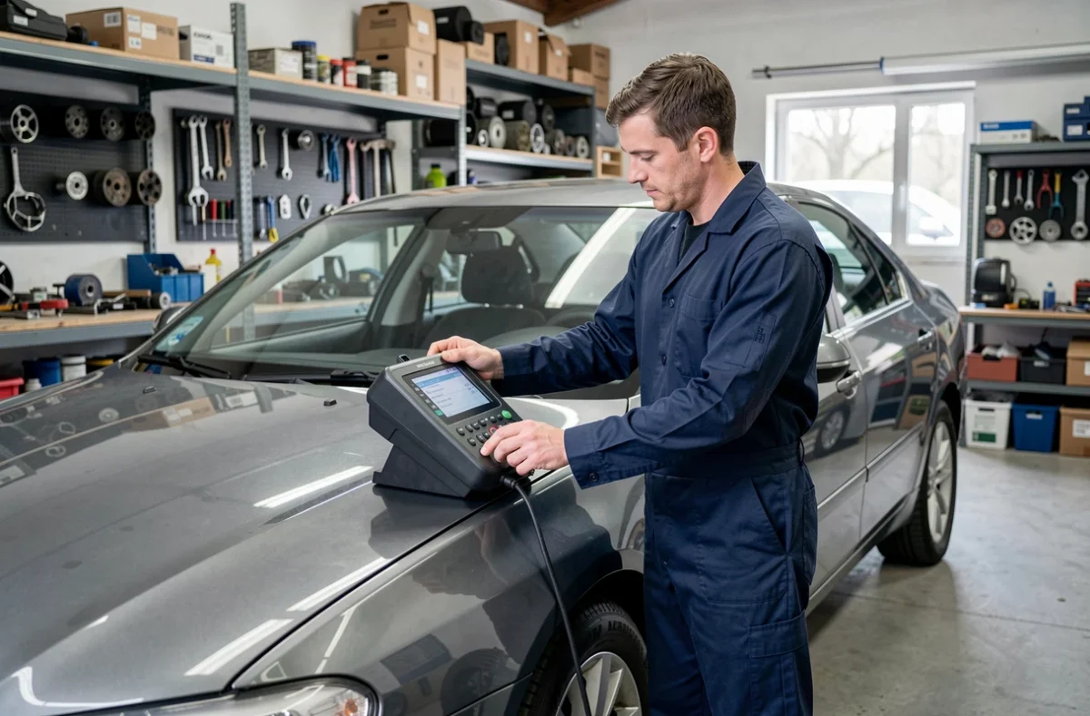 Technicien du garage Dhuez à Gisors utilisant un outil de diagnostic numérique sur une berline grise dans un atelier ordonné