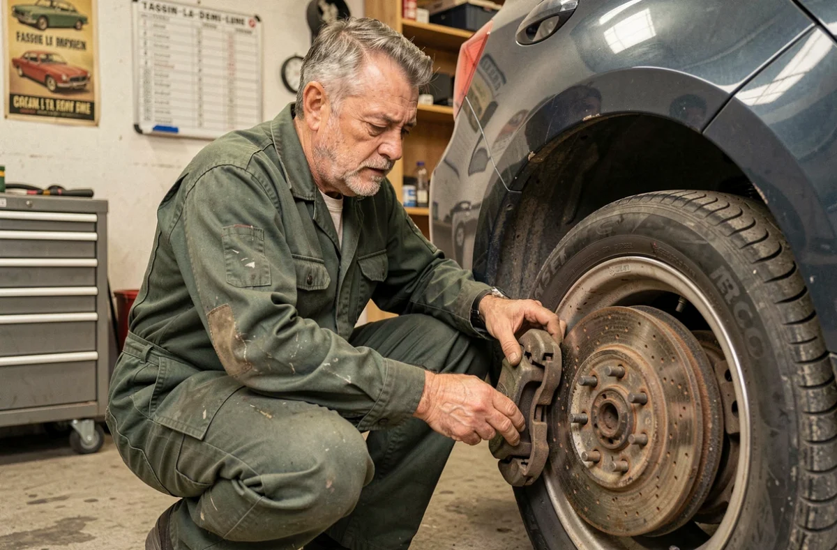Technicien du Garage du Pont de Tassin à Tassin-la-Demi-Lune effectuant un contrôle des freins sur une voiture compacte