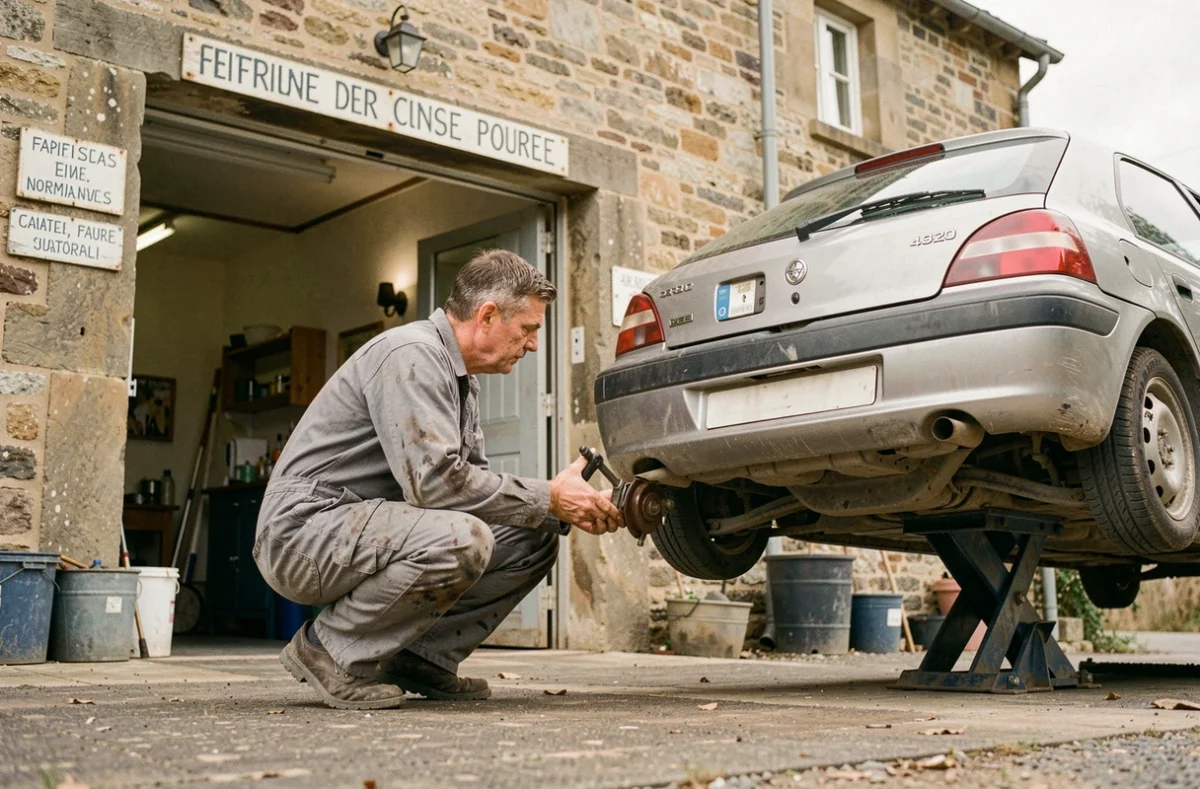 Mécanicien du garage Riv'auto à Cormeilles examinant une voiture sur cric hydraulique devant une façade en pierre normande
