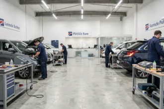 Vue d'ensemble d'un garage automobile moderne dans l'Eure avec plusieurs baies de service et mécaniciens au travail