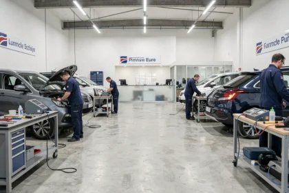 Vue d'ensemble d'un garage automobile moderne dans l'Eure avec plusieurs baies de service et mécaniciens au travail