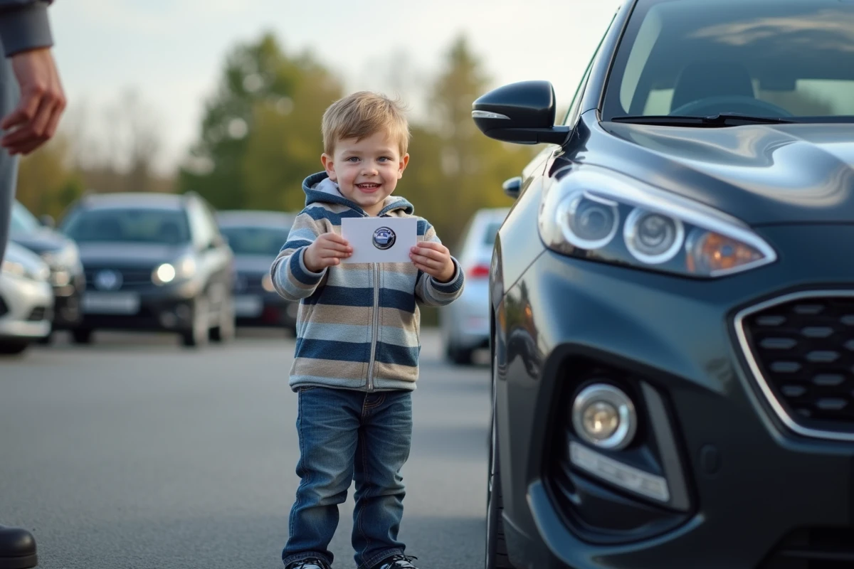 Garçon souriant compare un logo de voiture avec une voiture dans un parking