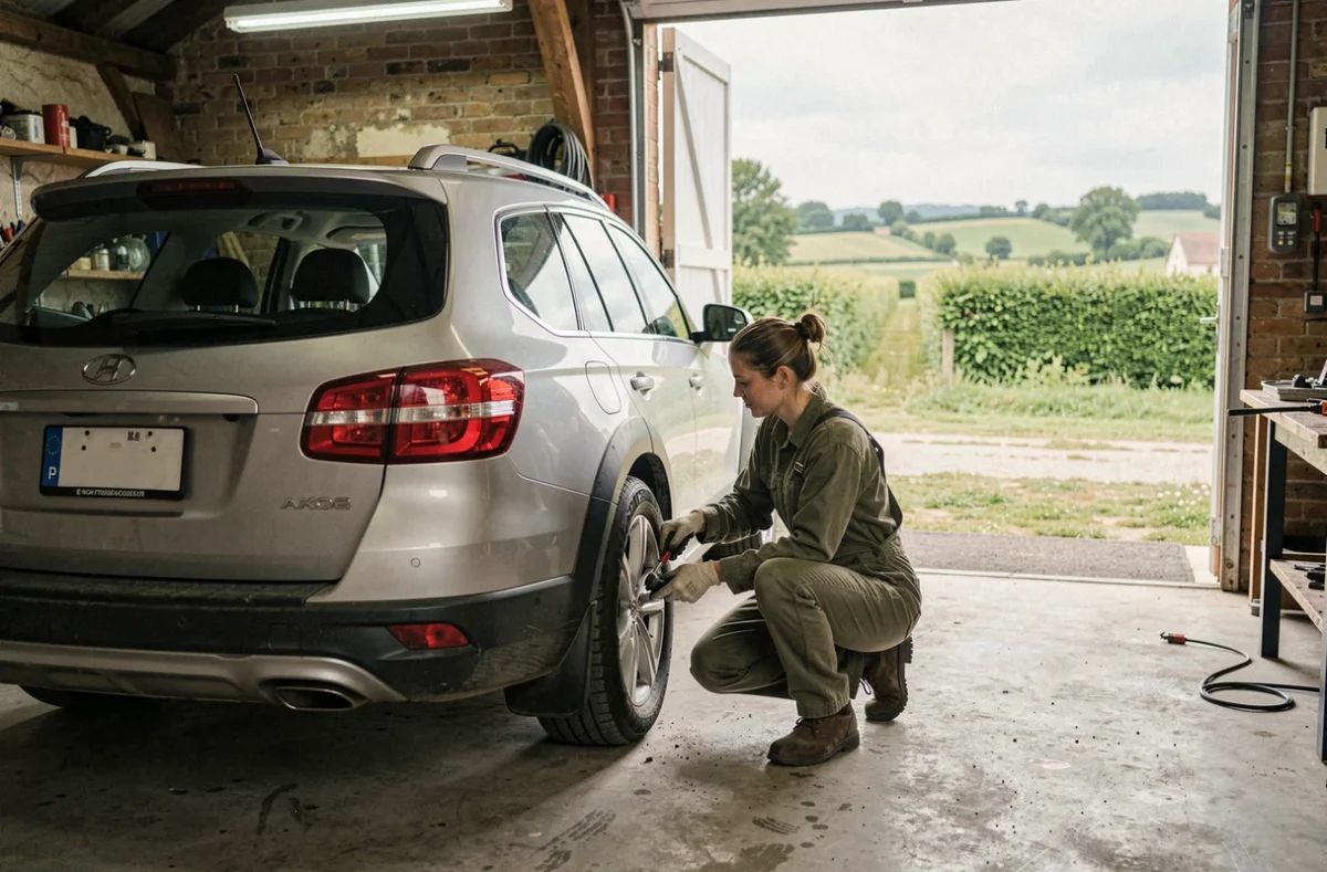 Mécanicienne de GD Automobile à Harcourt remplaçant un pneu sur un SUV avec le bocage normand visible en arrière-plan