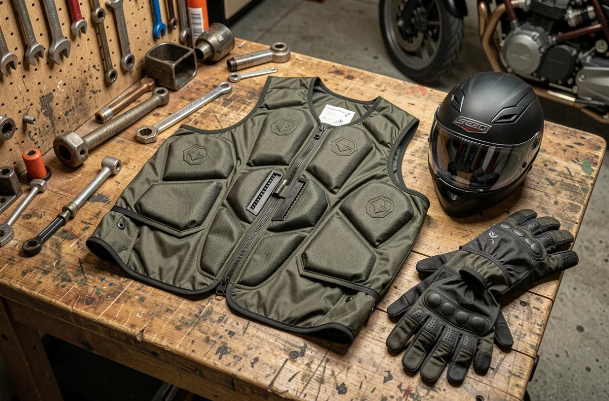 Gilet airbag moto gonflé en démonstration avec cartouche CO2 et équipements de sécurité