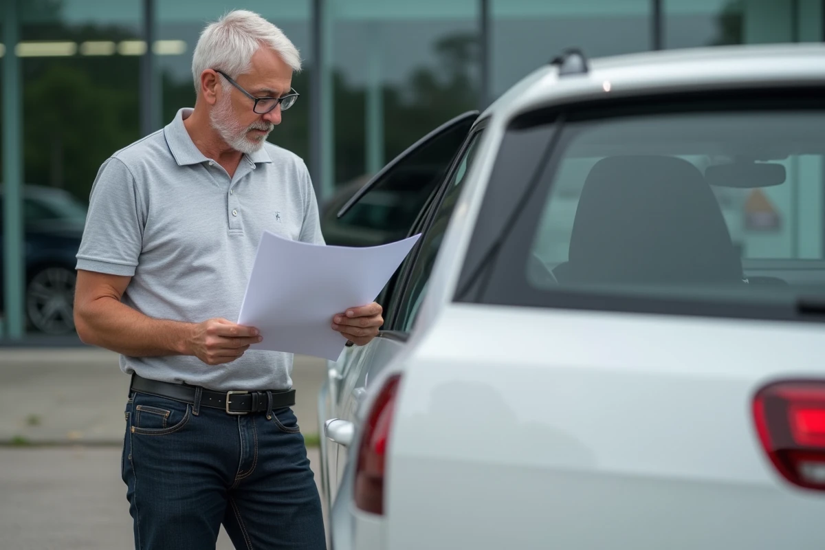 Homme évaluant les dimensions de la Volkswagen Golf 7 blanche dans un parking de concession avec fiche technique en main