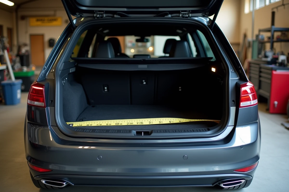Coffre ouvert de la Volkswagen Golf 7 avec hayon relevé montrant le volume de chargement et le gabarit intérieur