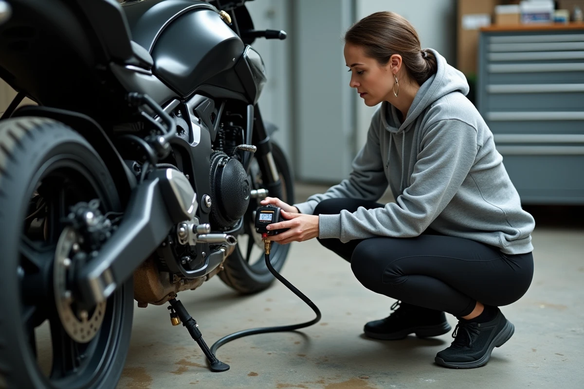 Femme gonflant le pneu avant d'une moto avec un gonfleur numérique dans un garage