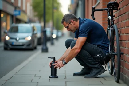 Homme gonflant le pneu de son vélo de route avec une pompe à main portable sur un trottoir urbain