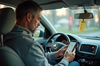 Homme au volant consultant Google Maps avec des radars affichés sur un vieux smartphone Android