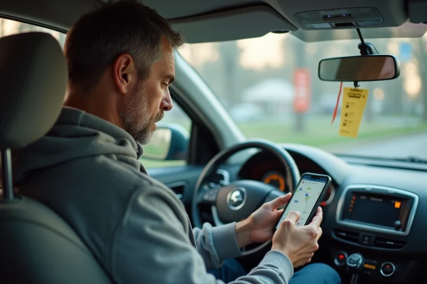 Homme au volant consultant Google Maps avec des radars affichés sur un vieux smartphone Android