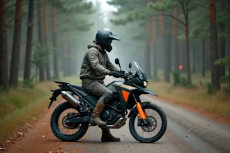 Grand gabarit en équipement moto trail assis sur une adventure moto dans une forêt de pins sur chemin de gravier