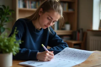 Jeune femme étudiant une grille d'évaluation du permis de conduire à son bureau