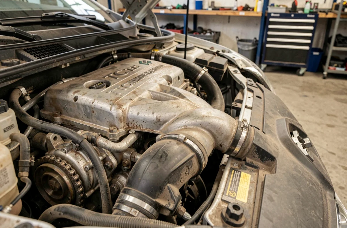 Gros plan sur le moteur turbocompressé TCe de Renault avec ses composants visibles et usure naturelle