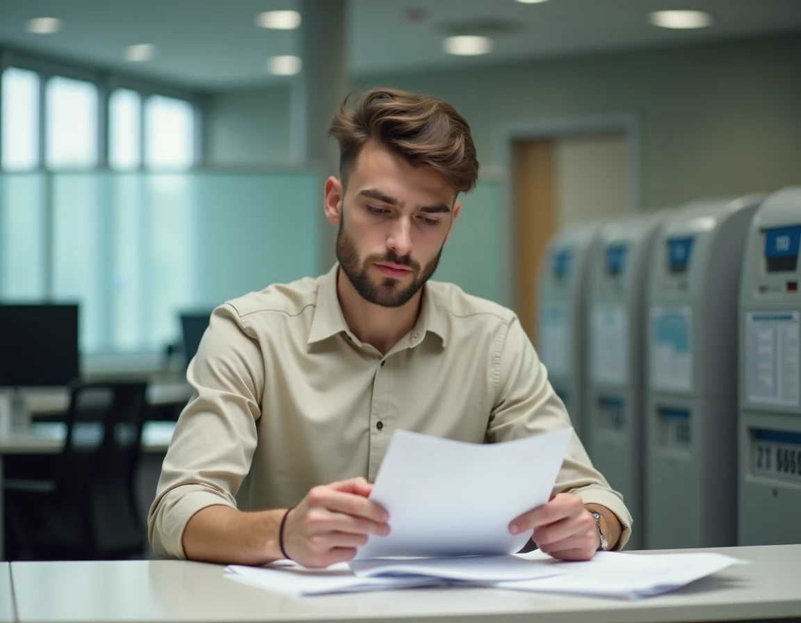 Jeune homme à un guichet de préfecture consultant ses documents pour récupérer son numéro NEPH de permis de conduire