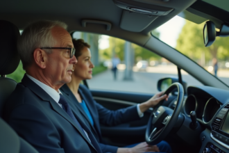 Homme d'affaires en costume dans une voiture moderne