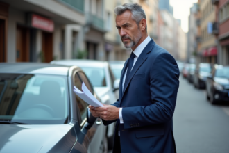 Homme d'affaires en costume bleu près de sa voiture en ville