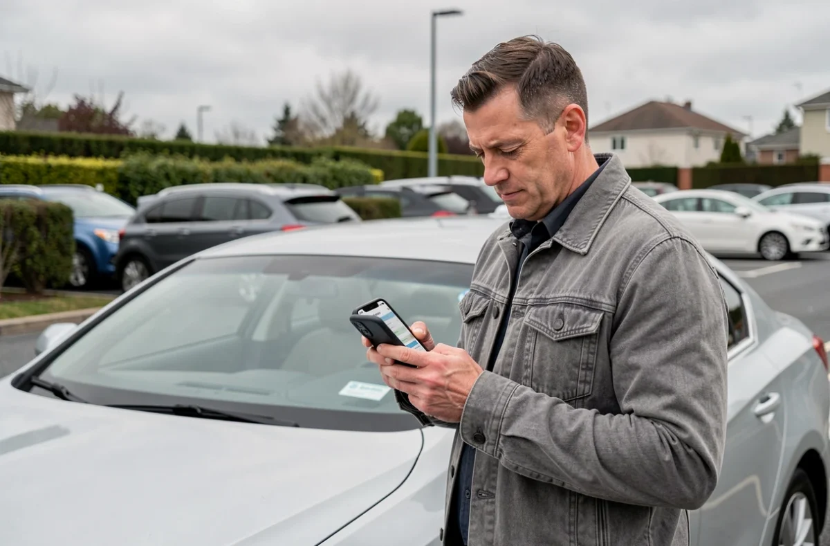 Homme consultant une application de comparaison d'assurance auto sur smartphone près de sa voiture