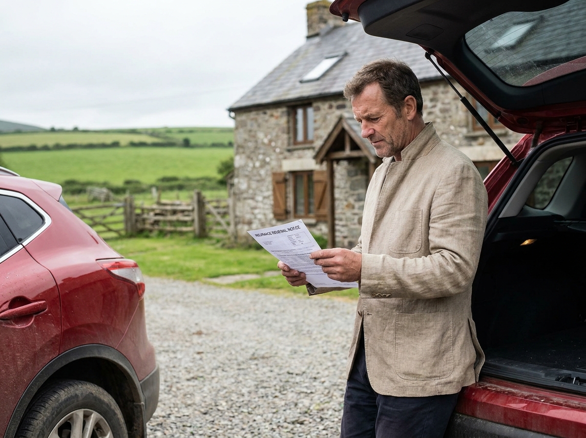 Homme en zone rurale examinant son avis de renouvellement d'assurance auto devant une ferme, illustrant les tarifs différents selon la localisation