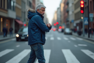 Homme d'âge moyen regardant sa montre au passage piétons