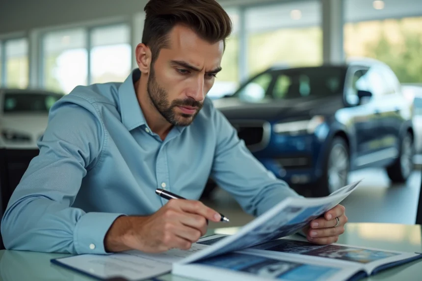 Homme en tenue casual examine des brochures auto dans un showroom